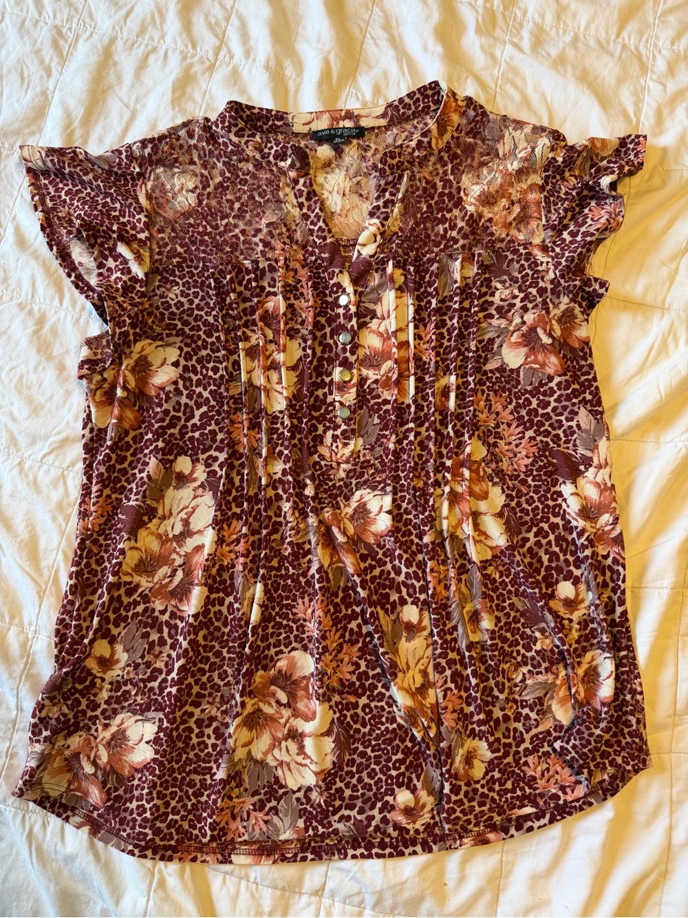 Ava & Grace Burgundy Floral Leopard Flutter Sleeve Blouse